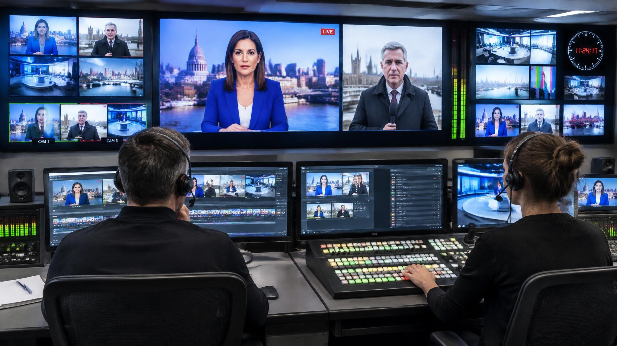 Broadcast gallery with multiple video monitors showing a live news programme