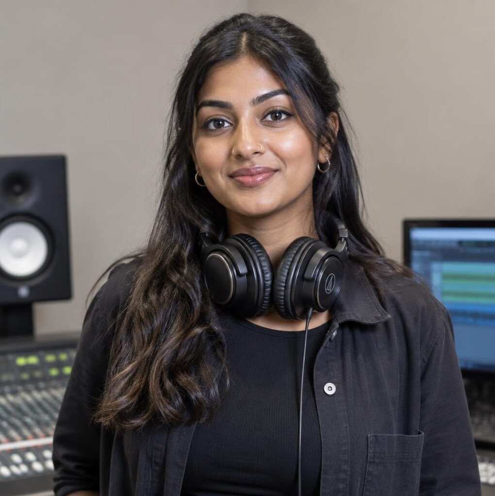 Portrait of a woman sound engineering instructor with headphones around her neck
