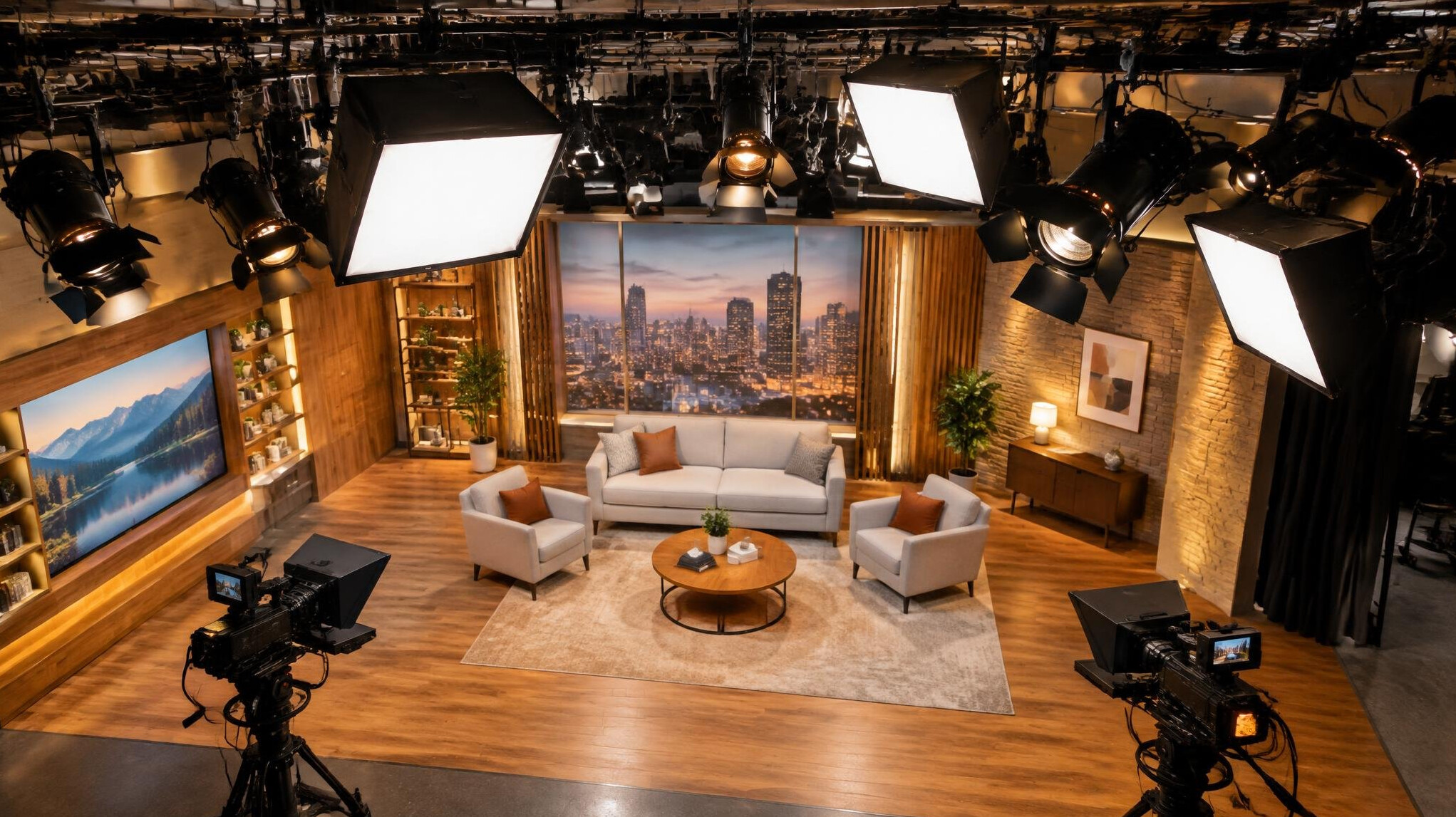 Studio lighting rig with softbox and spotlight fixtures above a television set