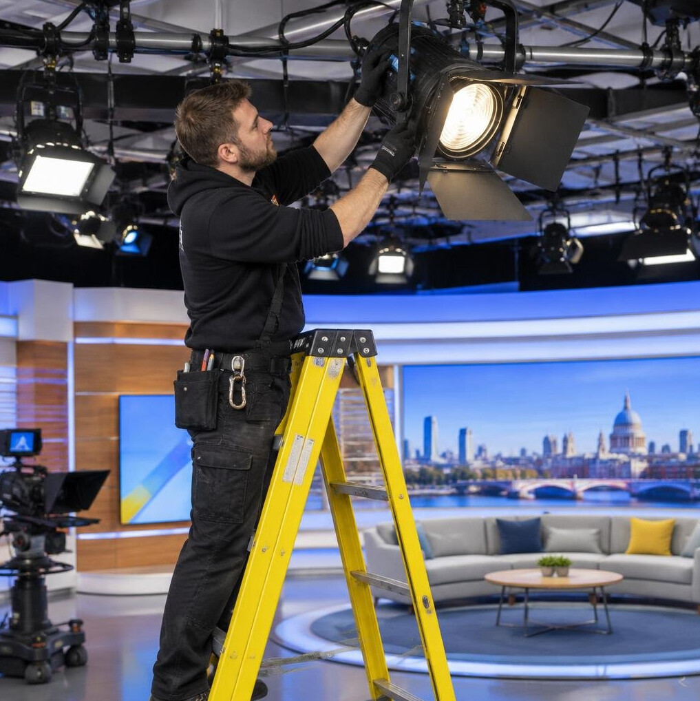 Lighting technician adjusting a spotlight fixture above a studio set