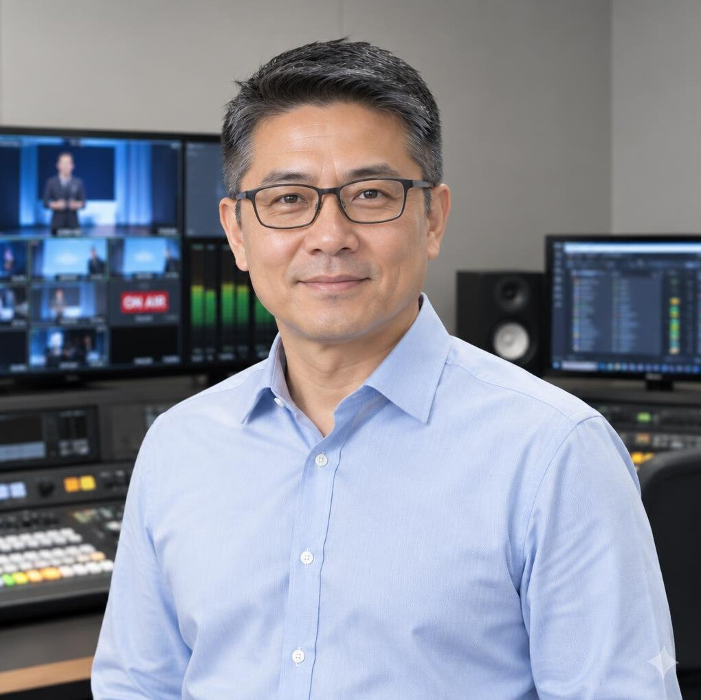 Portrait of a man live broadcast workflow instructor in a control room