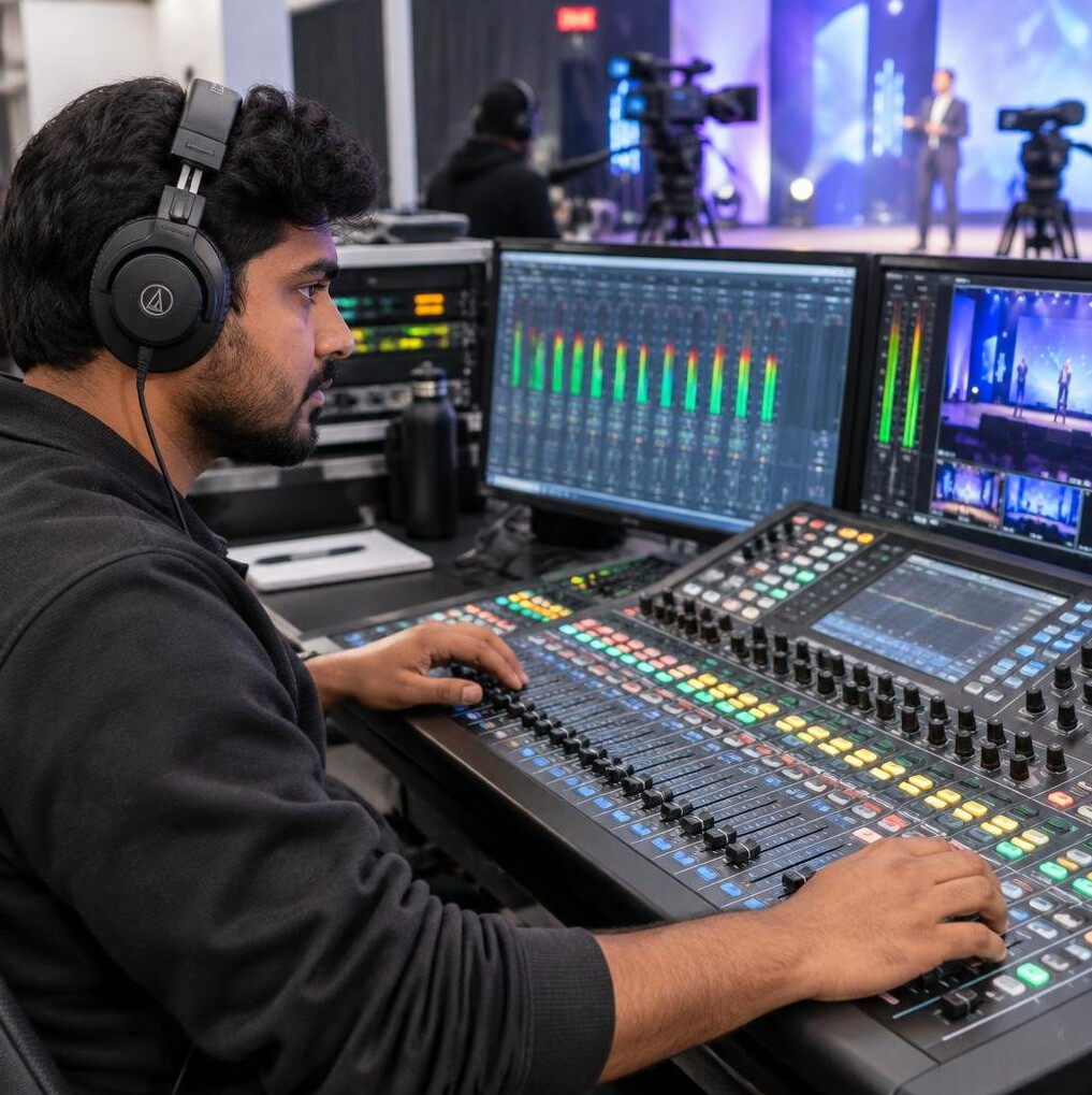 Sound engineer wearing headphones at a mixing desk during a live session