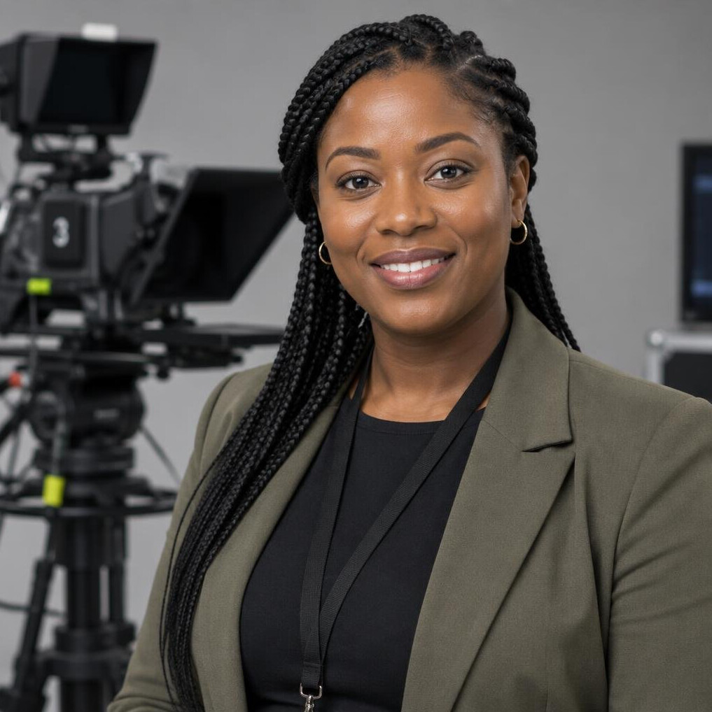 Portrait of a woman camera operation instructor smiling in a studio