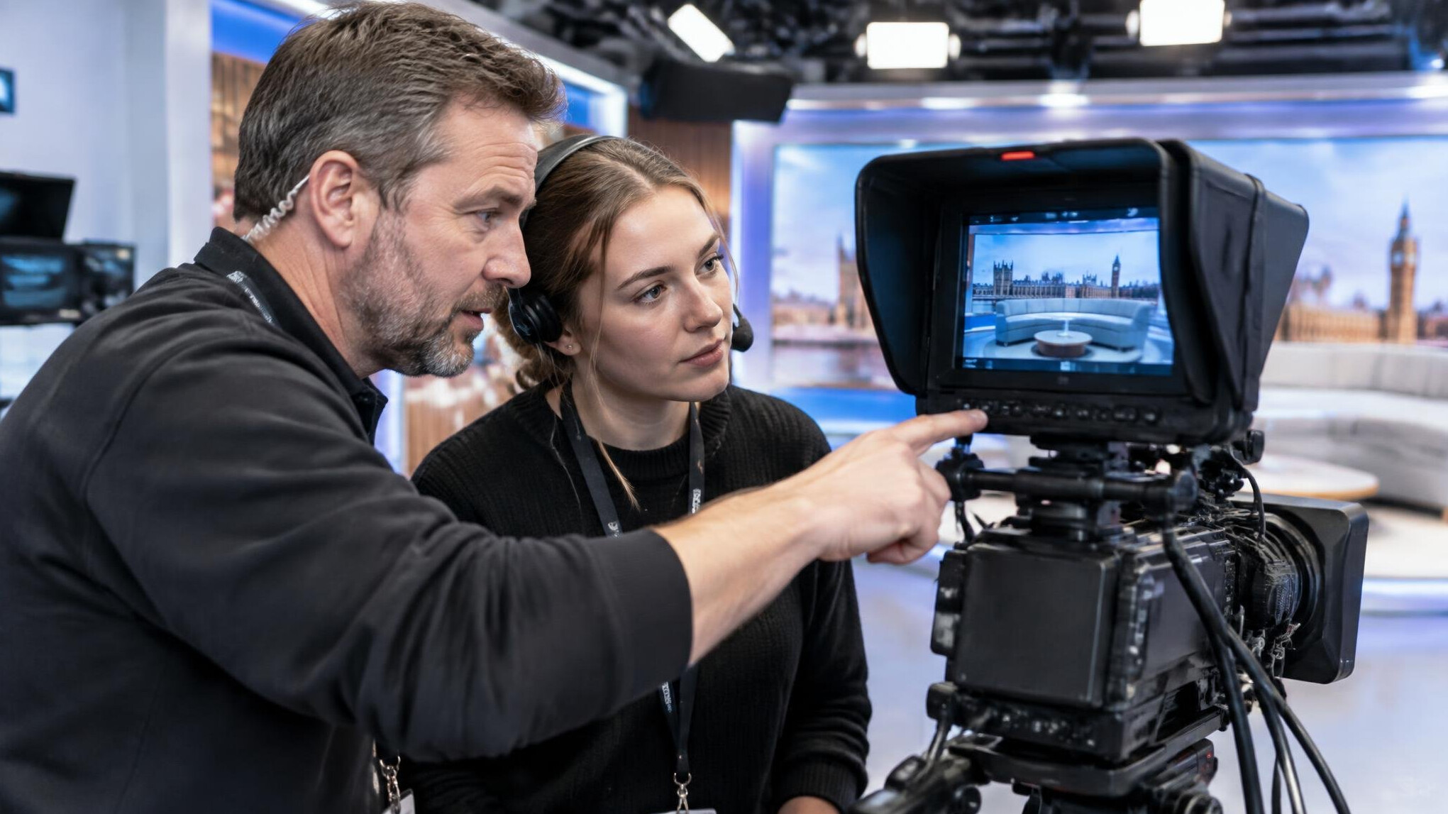 Instructor and trainee reviewing footage on a studio camera viewfinder