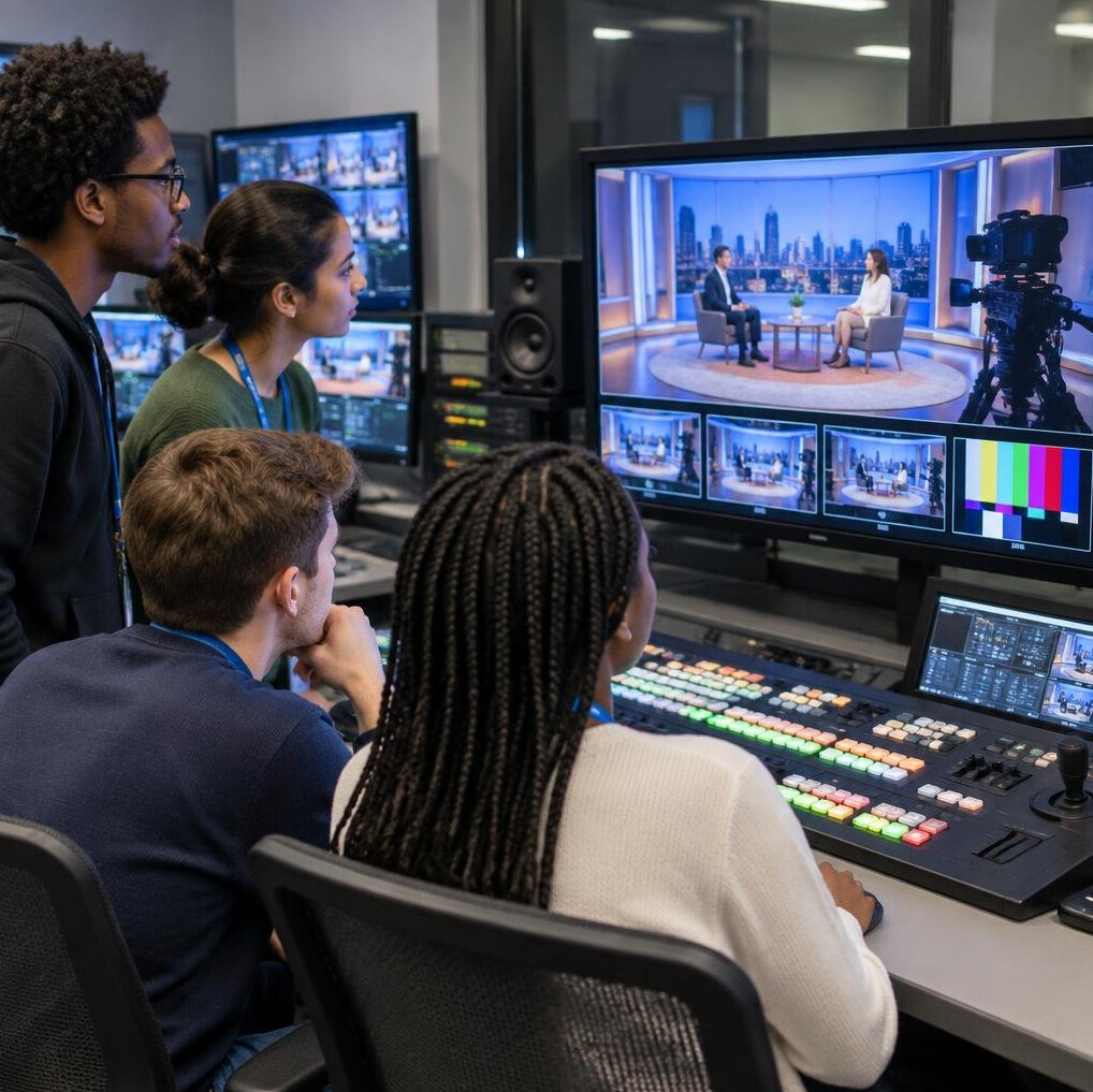 Trainees observing a live camera feed on a monitor in the control room