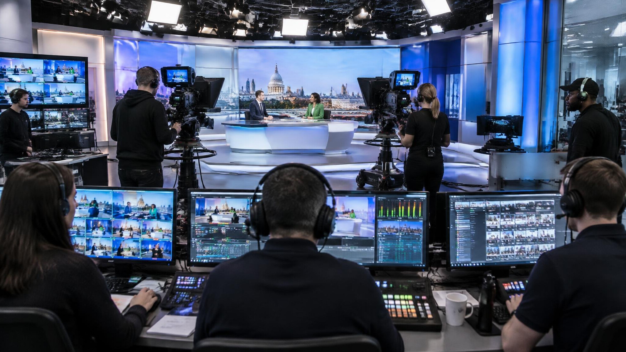 Television studio control room with camera operators working during a live broadcast