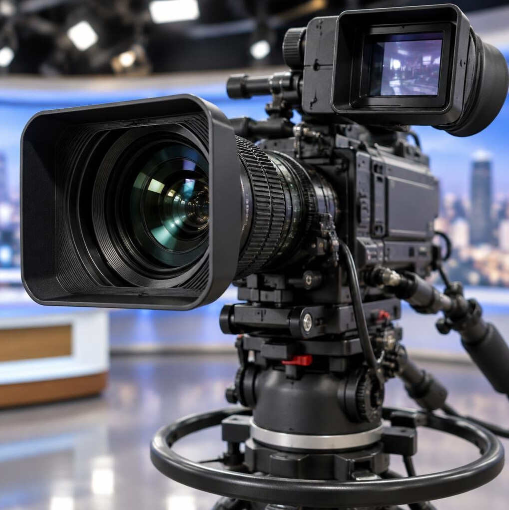 Close-up of a broadcast camera lens and viewfinder on a studio rig