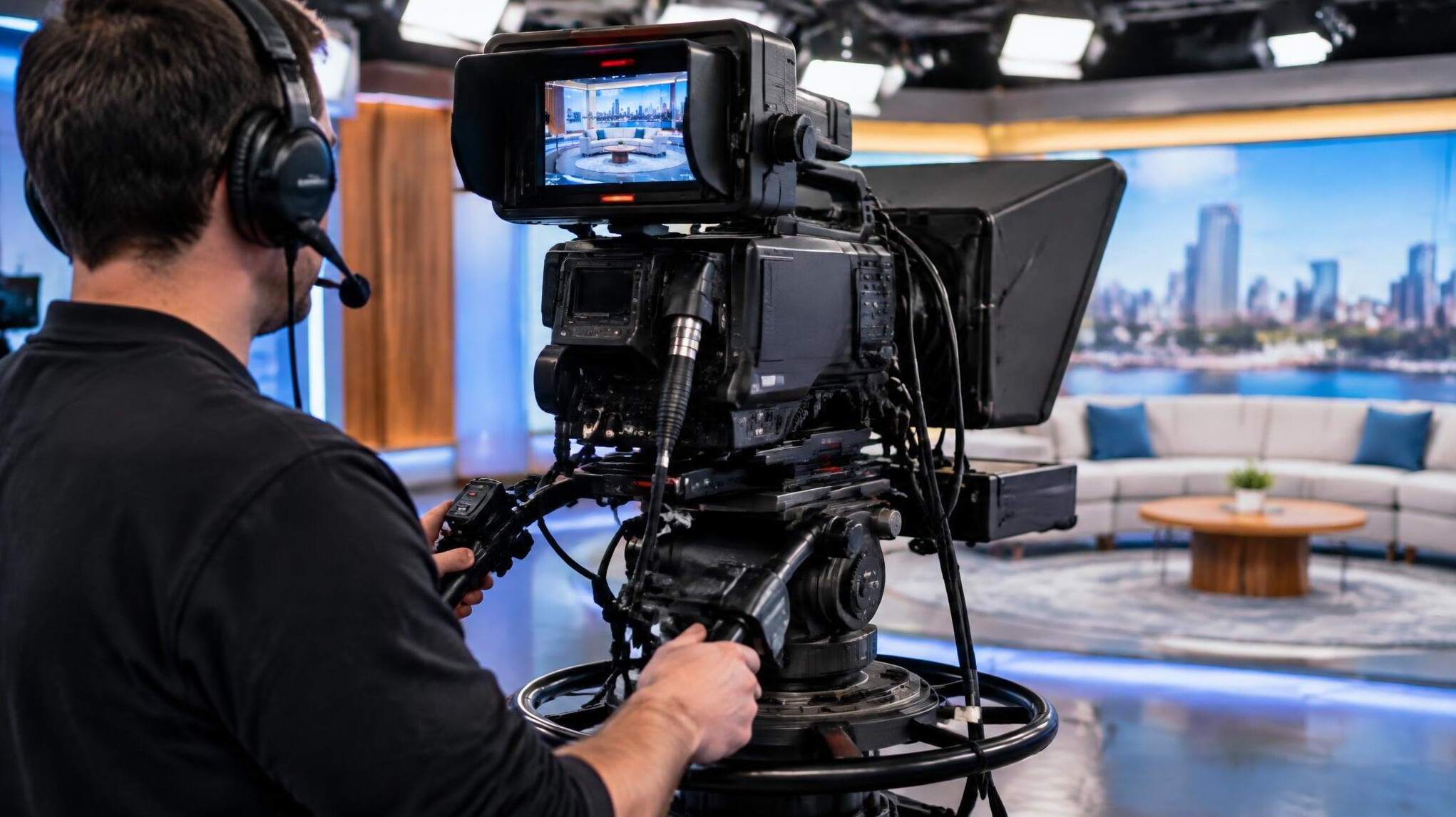 Camera operator adjusting a professional broadcast camera on a studio set